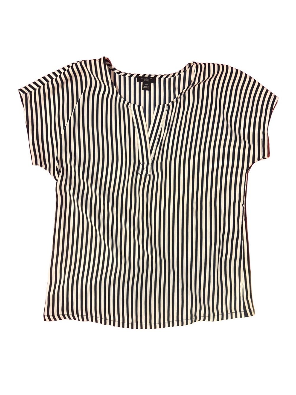 Ann Taylor Factory Black and White Striped Split-Neck Blouse
